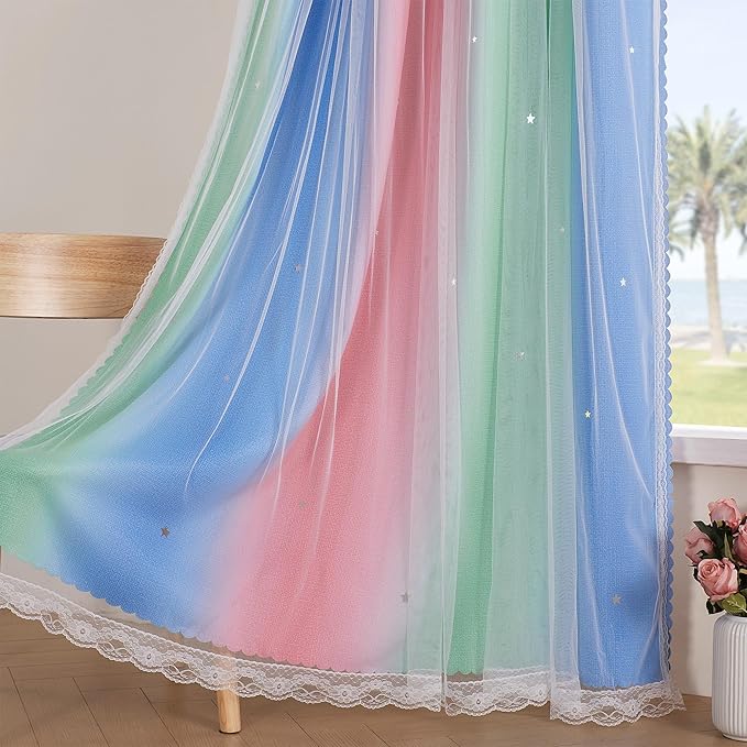 XiDi Pink & Rainbow Curtains for Kids & Girl Bedrooms