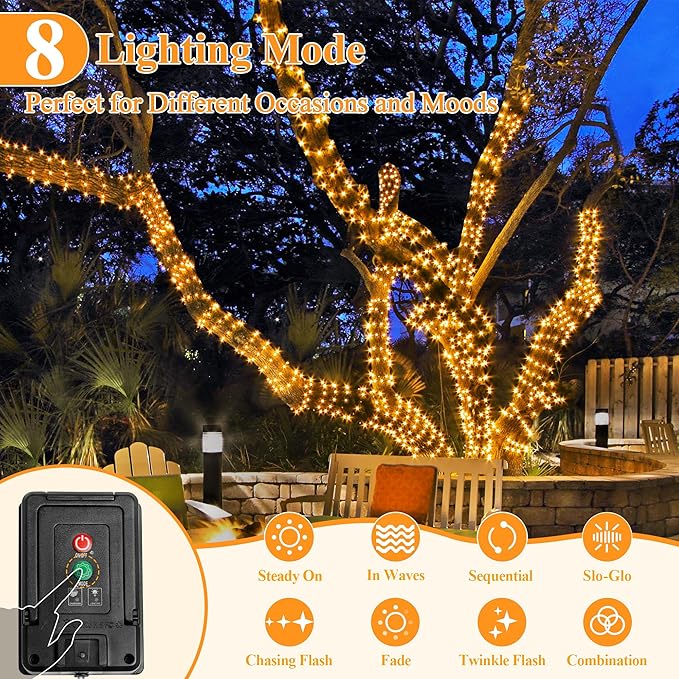 2 Pack Solar String Lights Total 480LED 158FT, IP67 Waterproof String Lights for Outside with 8 Modes, Upgraded Solar Panel Fairy Lights for Garden Party Wedding Decorations (Warm White)