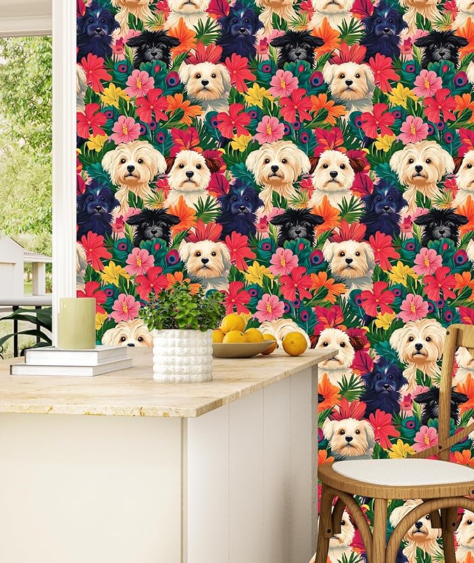 BOKEBEVE Colorful Wallpaper Peel and Stick Dogs Contact Paper Vibrant Bright
