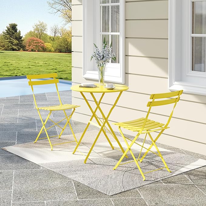 3-Piece Folding Bistro Set, Outdoor Patio Furniture Set with 2 Chairs & 1 Table, Space-Saving Foldable Balcony Garden Set with Heavy-Duty Powder-Coated Steel Frame, No Assembly Required, Yellow