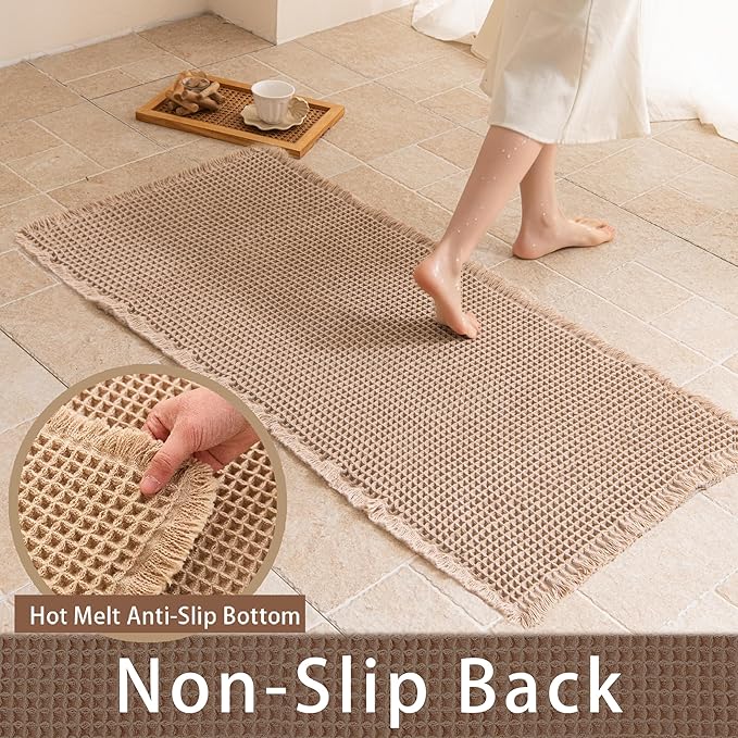 Waffle Bath Mat Non Slip, Boho Runner Rug, Super Absorbent Quick Dry Long Bath Runner Bathroom, Soft Farmhouse Bath Rug with Tassels, Washable Shower Mats for Floor 24"x48", Brown