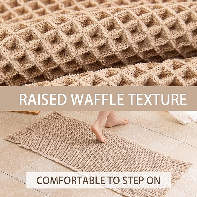 Waffle Runner Rug Non Slip, Boho Bath Mat, Super Absorbent Quick Dry Long Bath Runner Bathroom, Soft Farmhouse Bath Rug with Tassels, Washable Shower Mats for Floor 24"x72", Tassels Brown