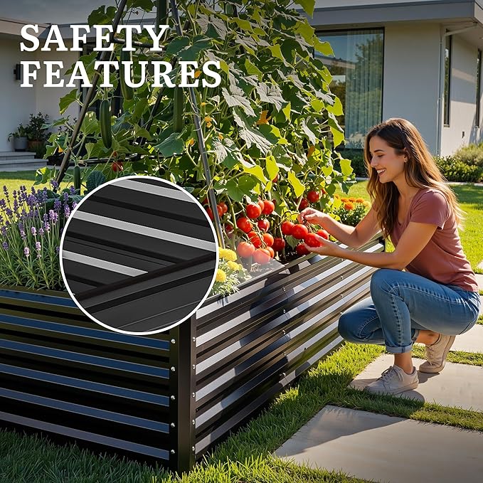 YITAHOME 8x4x2ft Galvanized Raised Garden Bed with Cucumber Trellis, Metal Planter Box with A-Frame Metal Trellis, Vertical Netting, Gloves, Outdoor Flower Bed for Vegetable Bean Grape Flowers, Black