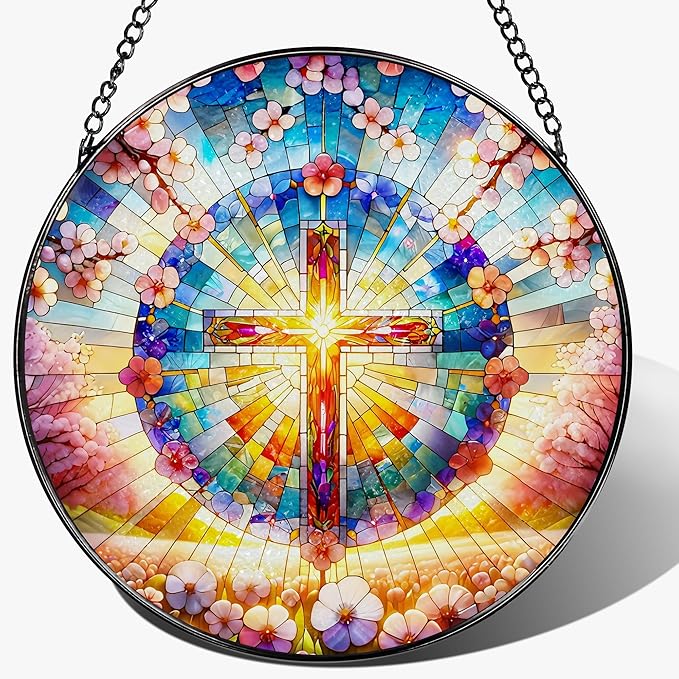 8 Inches Cross Stained Glass Suncatcher, Stained Glass Window Hanging, Spiritual Sun Catcher, Cross Ornament Gift, Christian Home Decor, Christian Gifts, Religious Gifts, Gift for Christmas