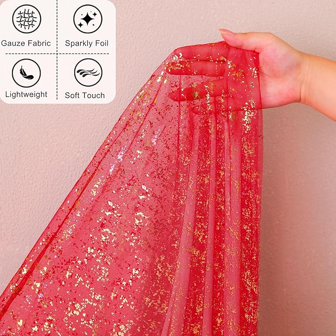 Snowkingdom 10FT Red Gold Table Runner, Sequin Glitter Sheer Chiffon Gauze Cheesecloth Runner 120 Inch, Red and Gold Party Decorations for Wedding Anniversary Birthday Graduation Christmas Holiday