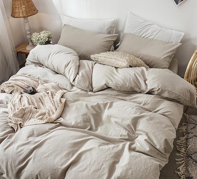MooMee Bedding Duvet Cover Set 100% Washed Cotton Linen Like Textured Breathable Durable Soft Comfy (Heathered Tannish Linen Grey, Palatial King/Oversized King 120"x98")