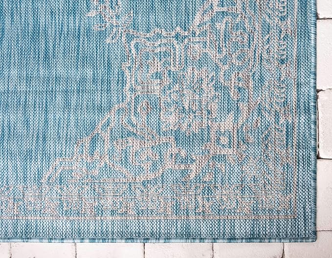 Unique Loom Outdoor Traditional Collection Area Rug - Antique (7' 1" x 10' Rectangle, Light Aqua/ Gray)
