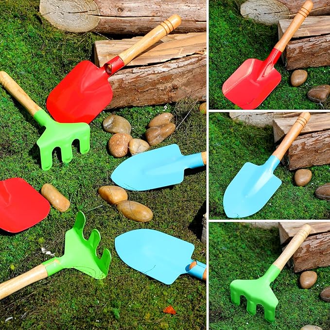 Liliful 40 Pcs Kids Gardening Tools Set Garden Rake Garden Shovel Gardener Trowel Green Tote Bags Metal Mini Gardening Tools with Wooden Handle Beach Sandbox Toy for Planting Loosening Digging