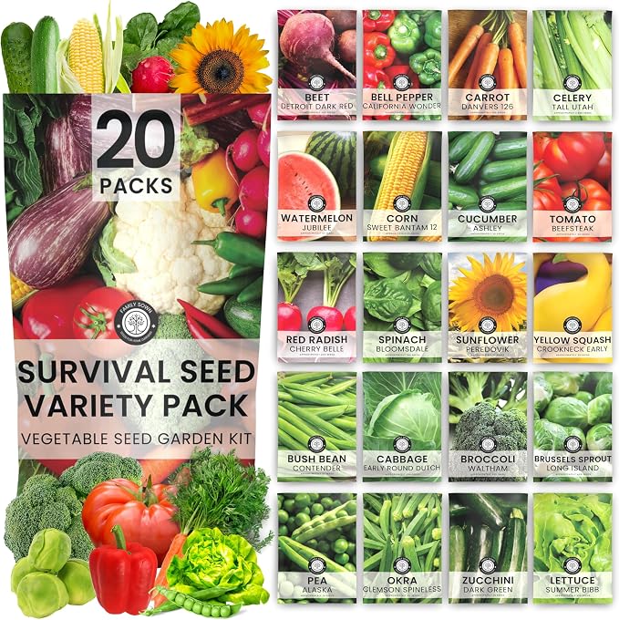 20 Vegetable Seed Packets | Survival Variety Pack | 2026 Season | Individually Packed Vegetables, Herbs and Fruits | Emergency Seed Vault for Doomsday Prepping | by Family Sown