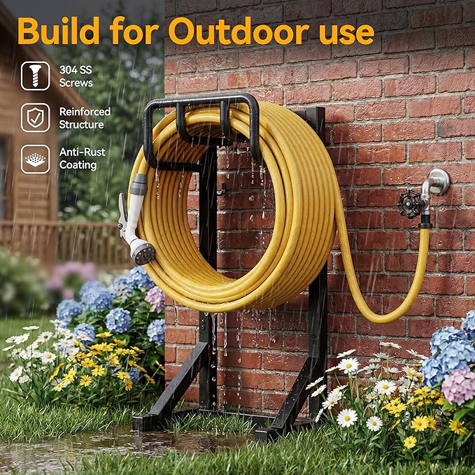 Garden Hose Holder Stand, Freestanding Heavy Duty Metal Hose Holder with Stable Base and Tool Hooks, Rustproof Water Hose Storage Rack for Outside Yard Lawn