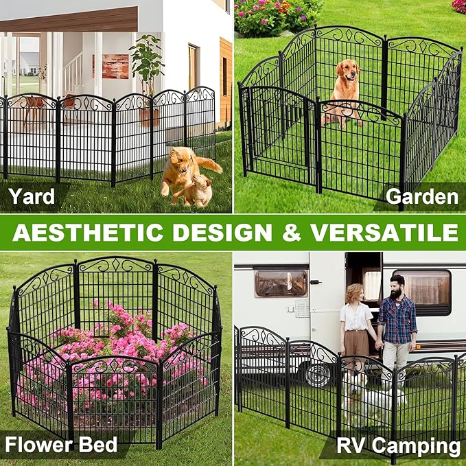 12 Panels No Dig Decorative Garden Fence with Gate, GATKITOM 31.3in(H) x 26ft(L) Rustproof Animal Barrier Metal Dog Fence Outdoor for Yard, Patio, Temporary Garden Fencing with Ground Stakes