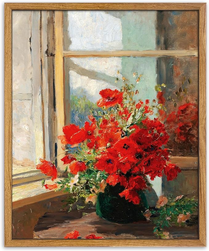 UPWOIGH 8x10 in Framed Wall Art, Red Poppies by the Window Oil Painting Canvas, Vintage Farmhouse Rustic Decor, Red Flowers Print, Antique Wall Decor for Living Room Bedroom, 1 Pack Gift