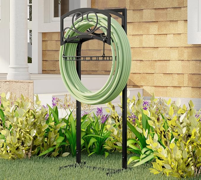 Kingson Freestanding Garden Hose Holder with Storage Basket - Heavy-Duty Black Powder-Coated Steel, Holds 150FT Hose, Detachable & Portable Design with Assembly Tools, Ideal for Outdoor Use