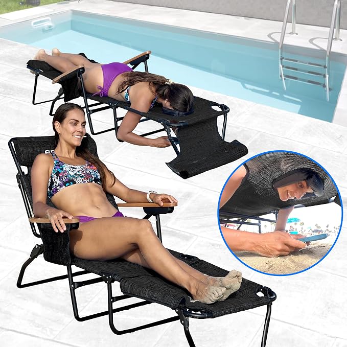 EASYGO PRODUCTS FLIP Face Down Tanning Chaise Lounge Chair with Face & Arm Holes - 4 Legs Support - Textilene Material - 6 Position - Arm Head Rest Pillow - Beach or Home Use