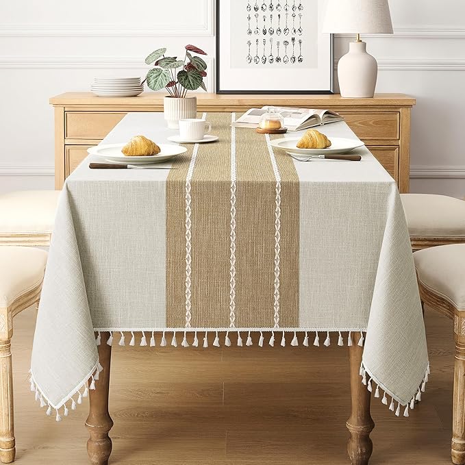 puredown® Rustic Rectangle Tablecloth, Waterproof Cotton Linen Tablecloth with Tassel, Wrinkle Free Farmhouse Table Cloths for Kitchen Dining Outdoor, 55"x86",6-8 Seats, Coffee