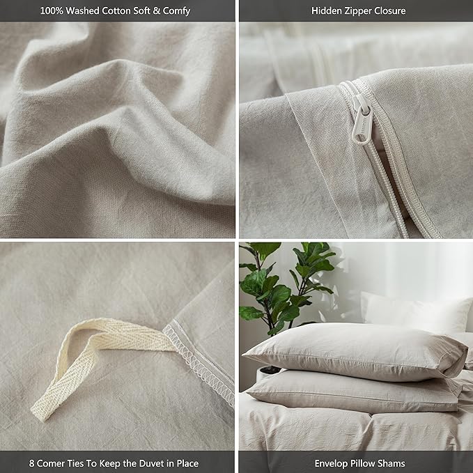 MooMee Bedding Duvet Cover Set 100% Washed Cotton Linen Like Textured Breathable Durable Soft Comfy (Heathered Cream Grey, Alaska King 132"x120")