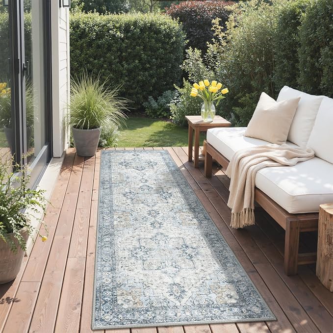 GENIMO Outdoor & Indoor Runner Rug 2'x5', Waterproof, Non-Shedding, Easy Cleaning, Boho Mat for Patio, Kitchen, Balcony, Bath Room, Deck, Bedroom, Camping, Outside Carpet,Blue