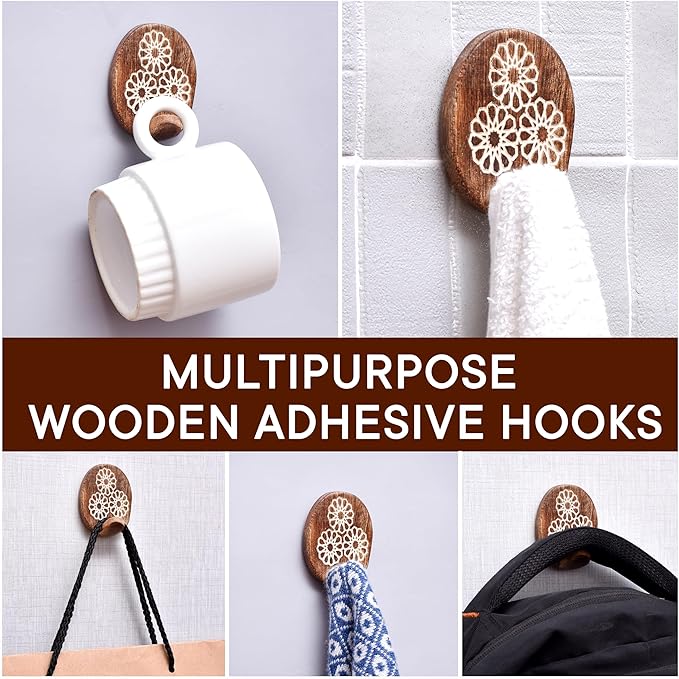 Indian Shelf 6 Lb- 3 Pieces Decorative Wood Adhesive Wall Hooks–Boho Peel and