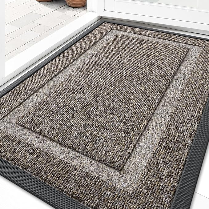 OLANLY Front Door Mat Indoor Outdoor Entrance, Waterproof All-Season, All-Weather Doormat, Sturdy Natural Rubber, Low Profile, Easy Clean Patio Porch Entryway Mat, 59x23, Khaki and White