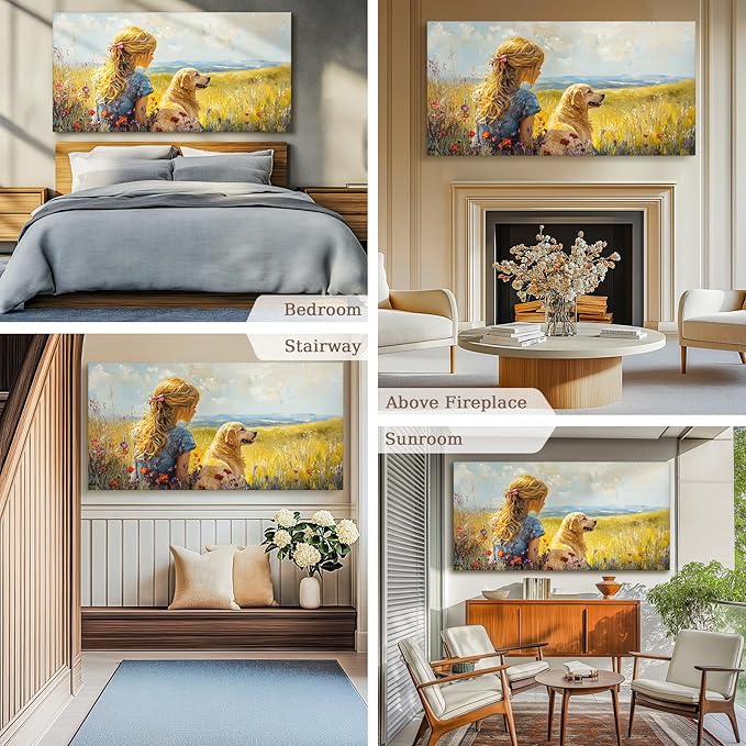 SERIMINO Portrait Animal Extra Large Wall Art, Meadow Landscape Wall Prints, Woman Golden Retriever Dog Canvas Paintings, Rustic Wall Decor Living Room Bedroom Dining Room Farmhouse Cottage 29"X57"