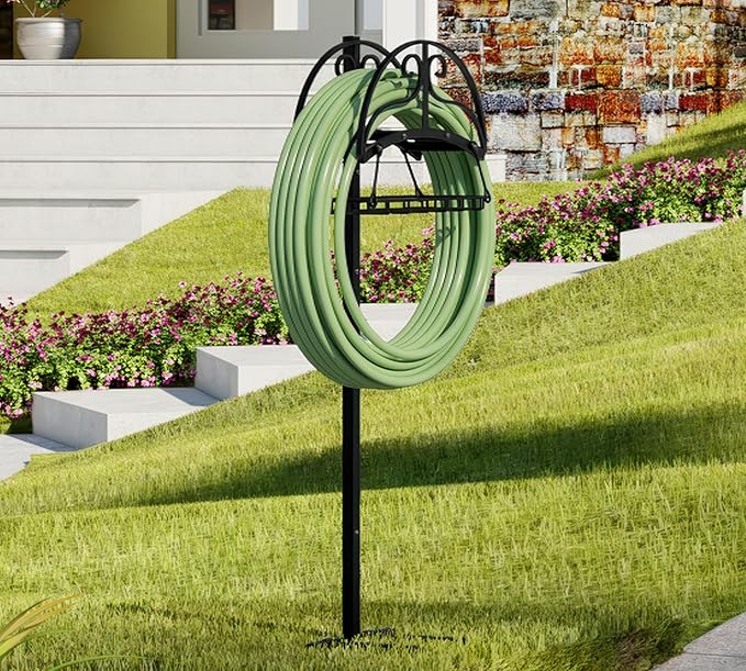 Freestanding Garden Hose Organizer with Storage Basket - Heavy-Duty Black Powder-Coated Hose Stand, Detachable Design Holds 150FT Hose, Includes Wrench & Screwdriver for Easy Assembly