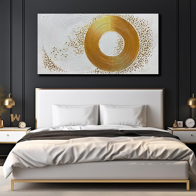 Abstract Circle Hand Painted Wall Art for Office White and Gold Pictures Wall Decor for Bedroom Extra Large Wall Art for Living Room Size 36 x 72 Inch