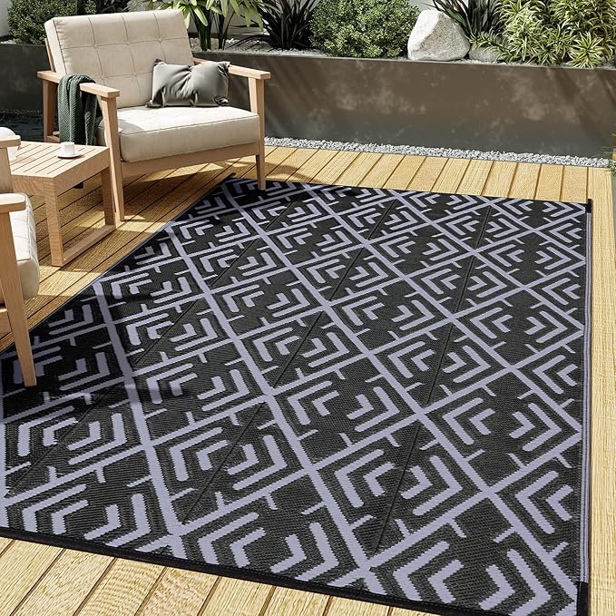 HUGEAR Outdoor Plastic Straw Rug, Waterproof Outdoor Rugs for Patios Clearance, Reversible Area Rug, Large Outside Carpet for Camping, Balcony, RV, Deck, Picnic, Beach (5x8ft Boho/Black&Grey)