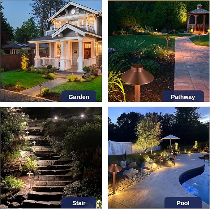 Low Voltage Landscape Sidewalk Lighting, Solid Brass Pathlights, LED Driveway Warm Light Waterproof, Hat Shaped 12V Wired Copper for Walkway Garden with 3W 270LM 3000K G4 Bulb (12 Pack)