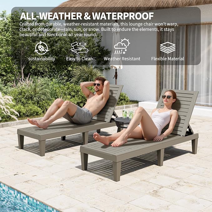 Outdoor Chaise Lounge Chairs Set of 6, 5-Position Adjustable Tanning Lounge Chairs with Wood Texture, All-Weather Resin Patio Lounge Chair for Pool, Garden, Deck, Beach, Striped Grey