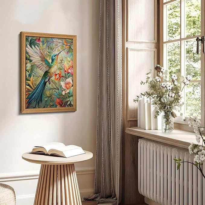 Framed Vintage 3D Textured Wall Art - Colorful Hummingbird Floral Wall Decor - Hand Painted Sandstone Nature Botanical Picture for Living Room Bedroom Home Decor 12x16 inch