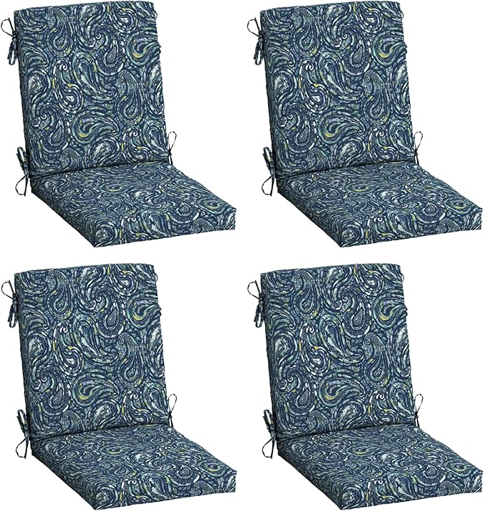 Arden 4-Pack earthFIBER Outdoor Patio Dining Chair Cushion, 20x44, Rain-Proof Seat Pad, Fade-Resistant Outdoor Cushion Sapphire Blue Ridge Paisley