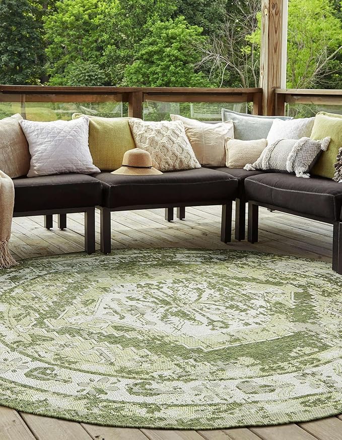 Unique Loom Outdoor Traditional Collection Area Rug - Valeria (7' 10" Round, Green/ Light Green)