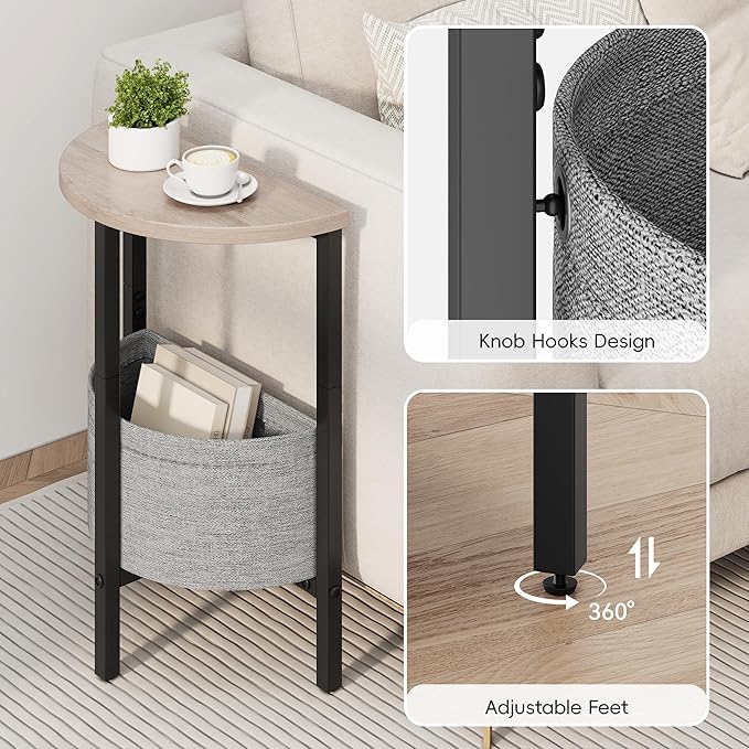 Vagusicc Small Round Side Table End Table, Tall Accent Table with Storage Basket, Set of 2 Half Round Tables Half Moon Tables, Coffee Bedside Tables, Modern Nightstand for Living Room Bedroom, Gray