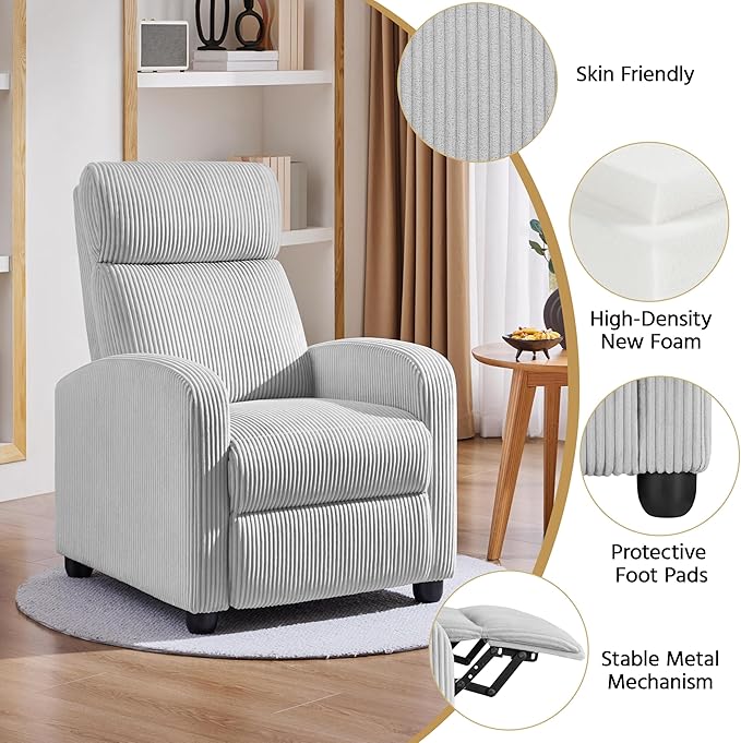 Yaheetech Corduroy Recliner Chair Single Sofa Home Theater Seating Adjustable Modern Reclining Chair for Living Room Bedroom Home Theater Light Gray