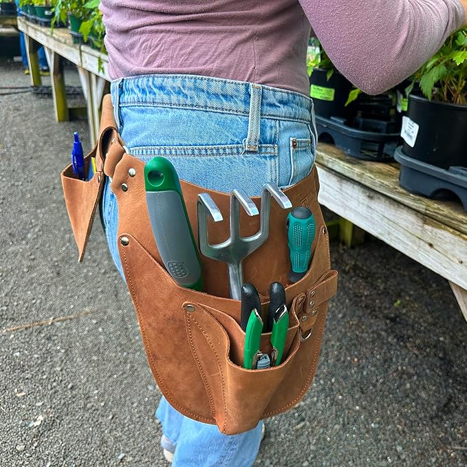 Leather Garden Tool Belt for Men Women | Gardening Tool Pouch | Gardener Apron | Holster Pouch | Tool Belt Bag Organizers | Florist Belt, Electrician, Carpenter, Framer, Landscaper