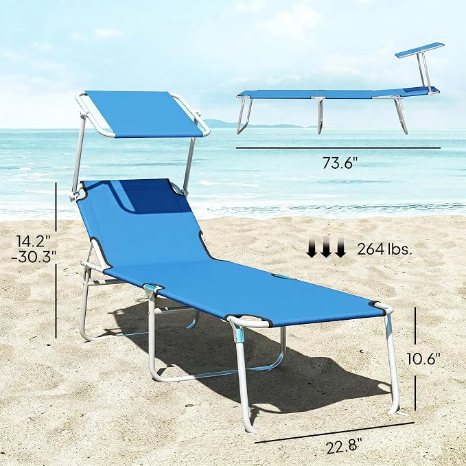 Outsunny Outdoor Lounge Chairs Set of 2, Adjustable Folding Chaise Lounges, Tanning Chairs with Sun Shade for Beach, Camping, Hiking, Backyard, Blue