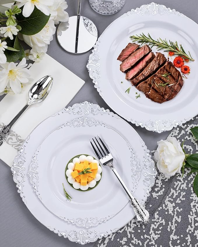 Nervure 700PCS Silver Plastic Plates - Silver Plastic Dinnerware Sets for 100 Guests - 200 Disposable Plates, 300 Silverware, 100 Cups, 100 Napkins for Wedding & Party