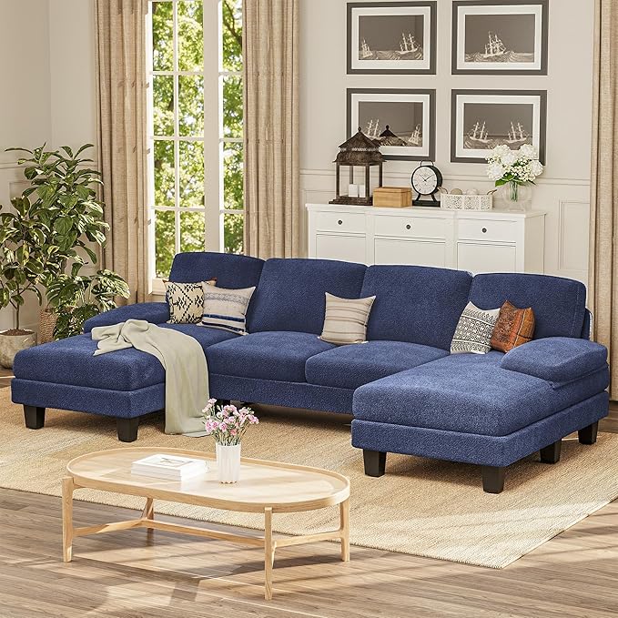 Furmax Sectional Couches for Living Room, U-Shaped Sofa Couch with Linen Fabric, 4 Seat Sofa Set with Double Chaise for Apartment (Loop Yarn, Navy Blue)