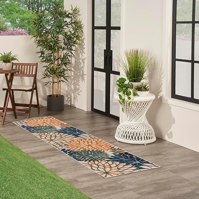 Nourison Home Aloha Indoor/Outdoor Blue Green 2'3" x 8' Area Rug, Easy Cleaning, Non Shedding, Bed Room, Living Room, Dining Room, Backyard, Deck, Patio (2x8)