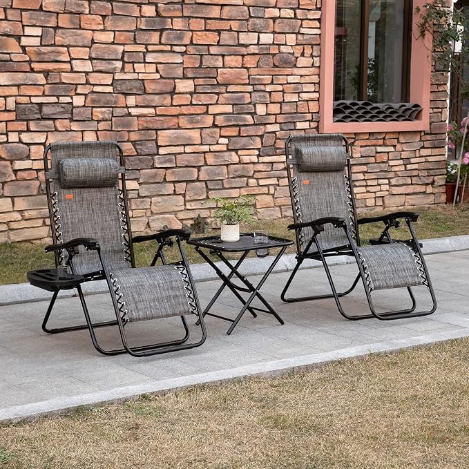 Outsunny Zero Gravity Chair Set with Side Table, Folding Reclining Chair with Cupholders & Pillows, Adjustable Lounge Chairs for Pool, Backyard, Lawn, Beach, Gray