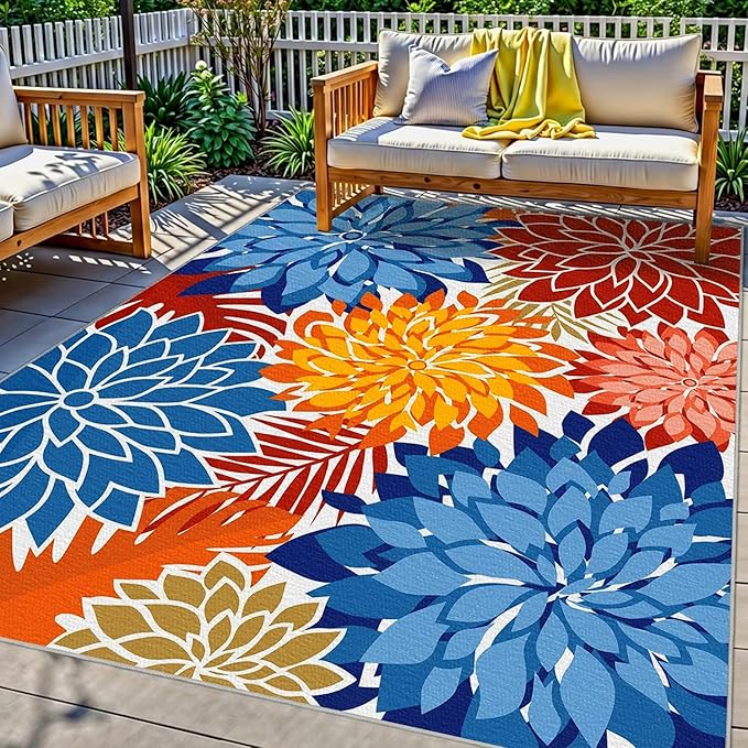 Colorful 3x5 Washable Rug for Living Room Tropical Botanical Modern Floral Chenille Area Rugs Low Pile Non Slip Carpet for Patio, Bedroom, Laundry, Vivid Dahlia