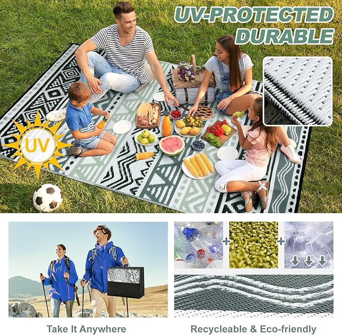 Lahome Outdoor Plastic Straw Rug, Reversible Outdoor Rug Waterproof 9x12 Rugs for Patio, RV Camping Rug Picnic Mat Outside Large Carpet for Beach Deck Backyard Balcony(Grey/Black,9'x 12')