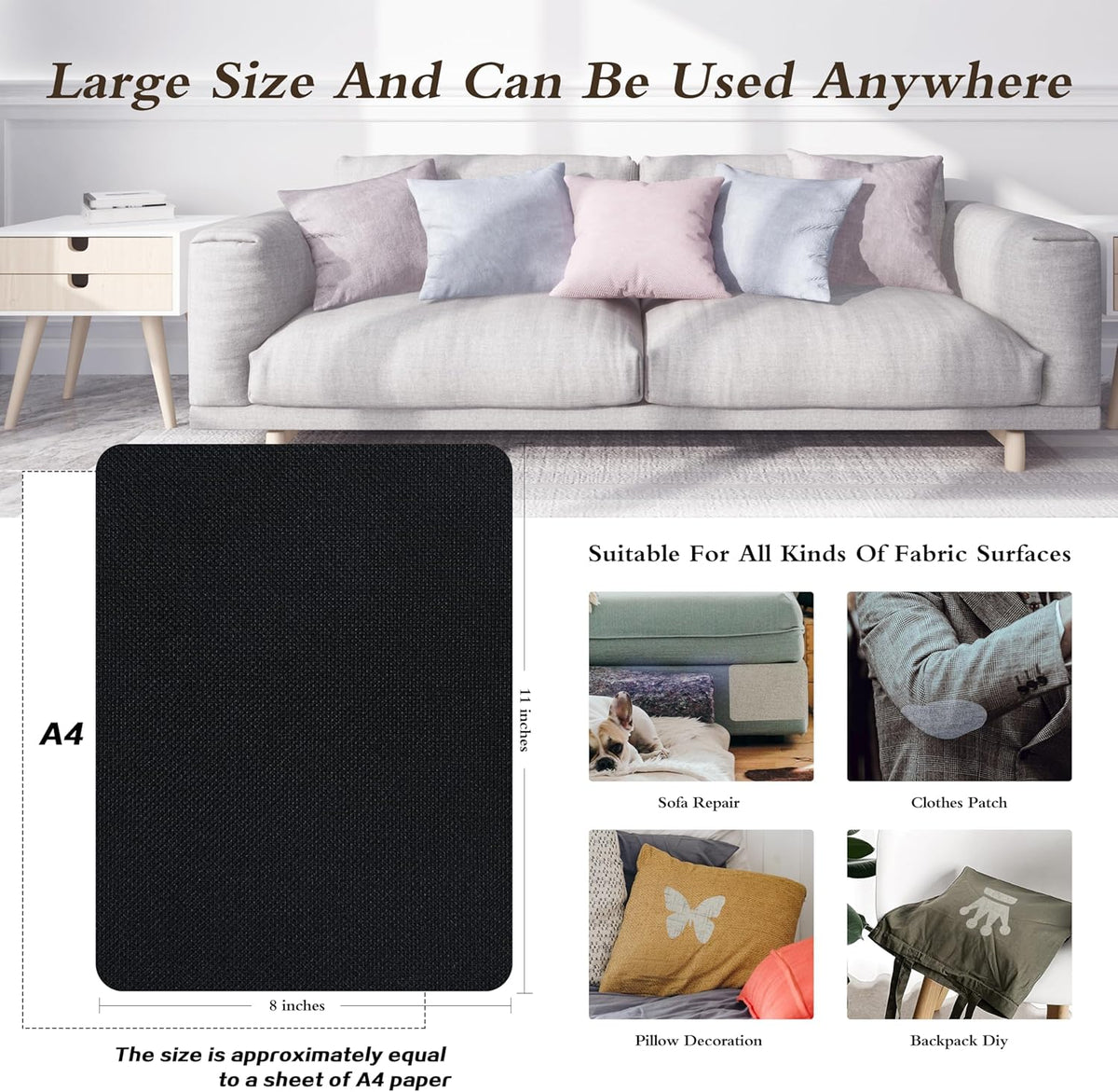KING MOUNTAIN Coarse Linen Repair Patches, Self-Adhesive Linen Fabric Patches, 8X11 inch Extra Size, Multi Color, Can be Used for Linen Sofa Repair and Linen Clothes Repair(8" x 11",Black 1.0)