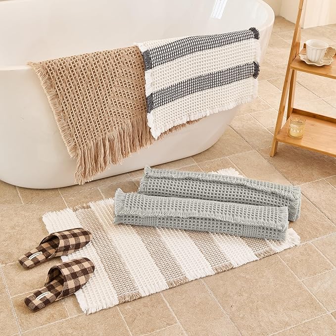 Waffle Bath Mat Non Slip, Boho Bathroom Rug, Super Absorbent Quick Dry Bathroom Mat, Soft Farmhouse Bath Rug with Tassels, Small Washable Shower Mats for Floor 24"x36", Light Grey