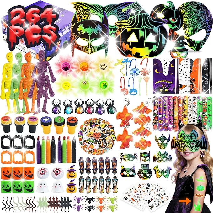 264 PCS Halloween Party Favors for Kids, Halloween Toys Bulk With Light Up Toys, Halloween Prizes, Treats Non Candy, Goodie Bag Stuffers, Treasure Box Toys for Classroom