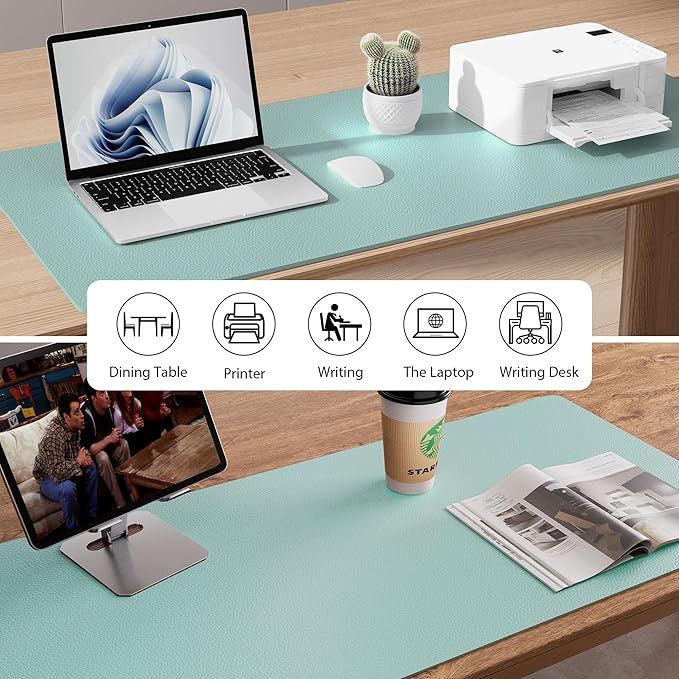 Aothia Leather Desk Pad Protector, Mouse Pad, Office Desk Mat, Non-Slip PU Leather Desk Blotter, Laptop Desk Pad, Waterproof Desk Writing Pad for Office and Home (48"x17", Light Blue)