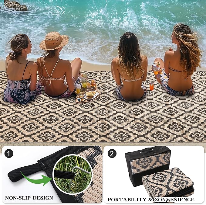 Wallona Outdoor Rugs 5x8 ft Patio Waterproof Clearance Indoor Outdoor Carpet for Patio Plastic Straw Reversible Area Rugs Mat for RV, Camping, Balcony, Beach, Picnic, Porch, Brick Black & Beige