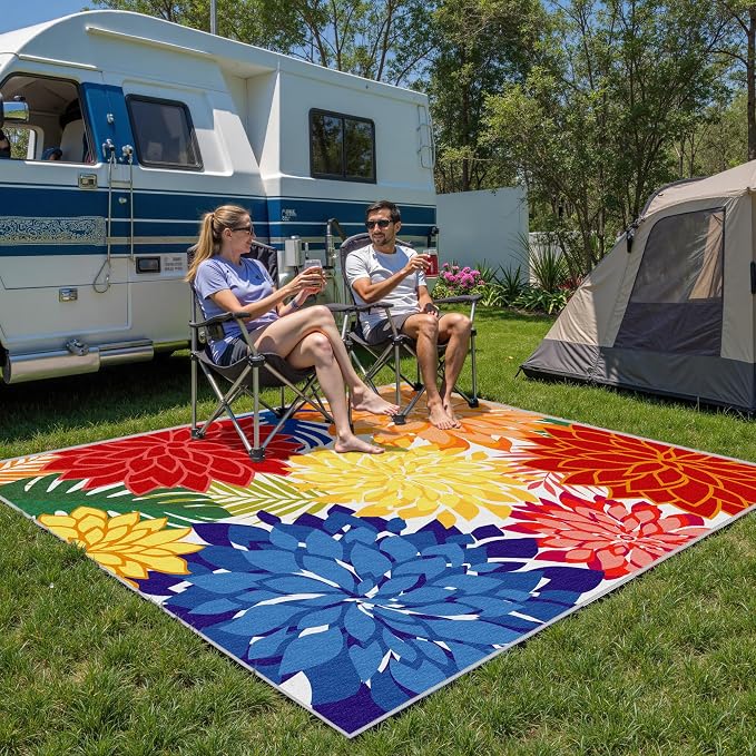 Colorful 4x6 Outdoor Area Rug Washable Rugs Multicolored Patio Rug Tropical Botanical Floral Chenille Outdoor Carpet Non Slip for RV, Pool Deck, Backyard, Porch, Rainbow