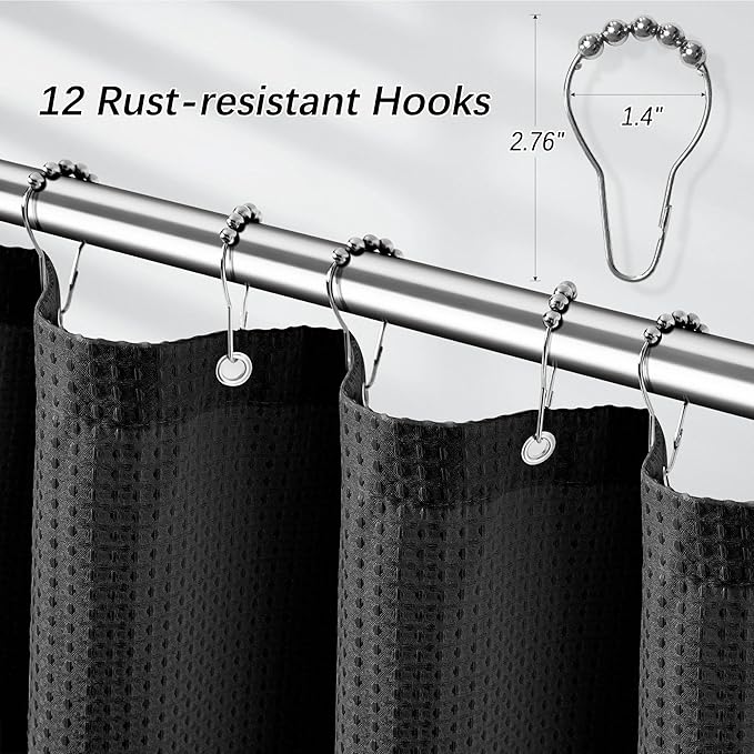 Shower Curtain Black Waffle Textured, 256GSM Heavy Duty Weighted Fabric Shower Curtains, Hotel Quality Luxury Polyester Water Repellent Bathroom Curtain with 12 Hooks, 72Wx80H