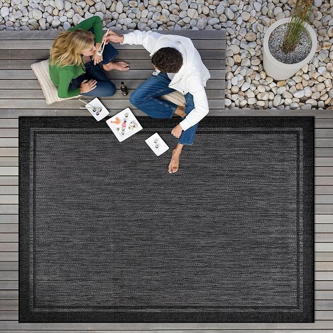 CAMILSON Indoor Outdoor Rug, 5x7 Bordered Dark Grey Black Modern Area Rugs for Indoor and Outdoor Patios, Kitchen and Hallway Mats, Washable Porch Deck Outside Carpet (Bordered Black, 5 x 7)